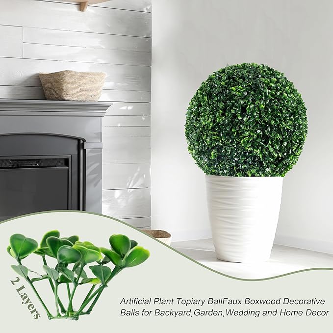 Ogrmar 2 PCS 13.7 inch 2 Layers Artificial Plant Topiary Ball Faux Boxwood Decorative Balls for Backyard, Balcony,Garden, Wedding and Home Décor (13.7 Inch)