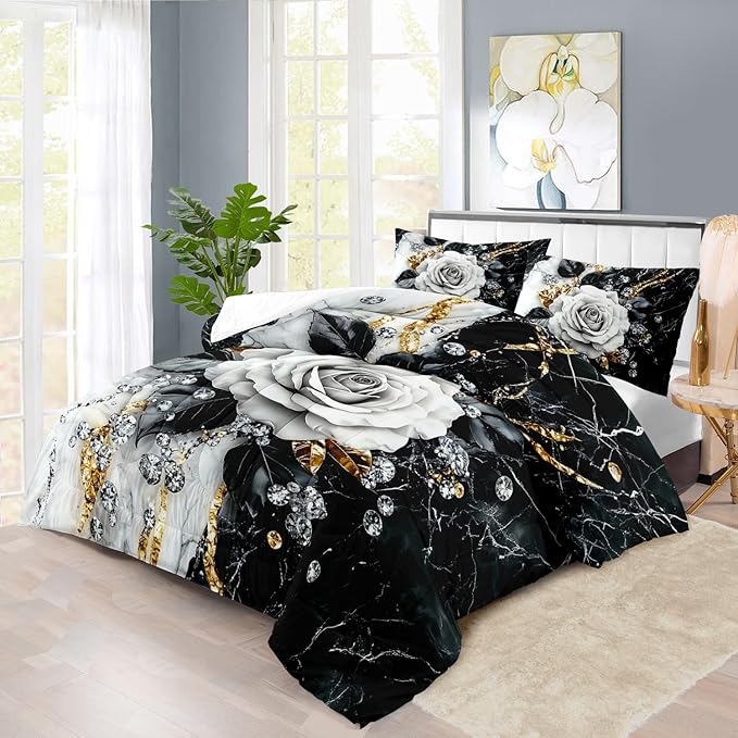 Marble Floral Comforter Set for Queen Bed Women,Vintage Flower Bedding Set Queen,White and Black Comforter Rose Quilt for Girls,Rose Bedding Floral Bedroom Decor Adults