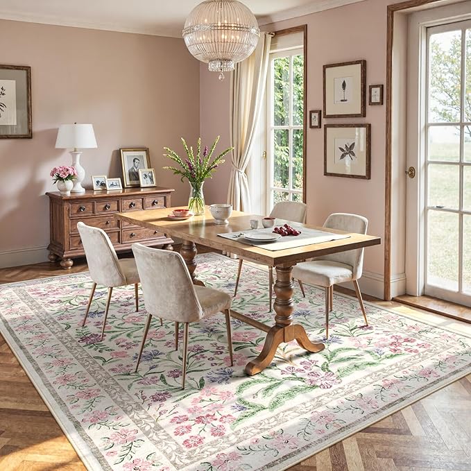 Wonnitar Purple Floral 8x10 Area Rugs, Washable Rug for Living Room, Soft Ultra-Thin Non-Shedding Large Indoor Boho Carpet for Bedroom Nursery Playroom Classroom Decor, Light Purple/Pink