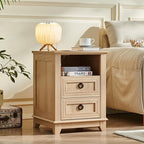 18" Farmhouse Night Stand with Charging Station, 2 Drawers Bedside End Table, Natural Wooden Nightstand, Bed Side Table Cabinet with Open Shelf for Bedroom Living Room Office
