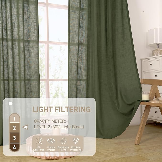 LAMIT Long Linen Curtains 2 Panels Set for Living Room, 108 inches Long Light Filtering Bronze Grommet Window Textured Neutral Sheer Drapes for Bedroom French Door, 52 x 108 Inch, Olive Green
