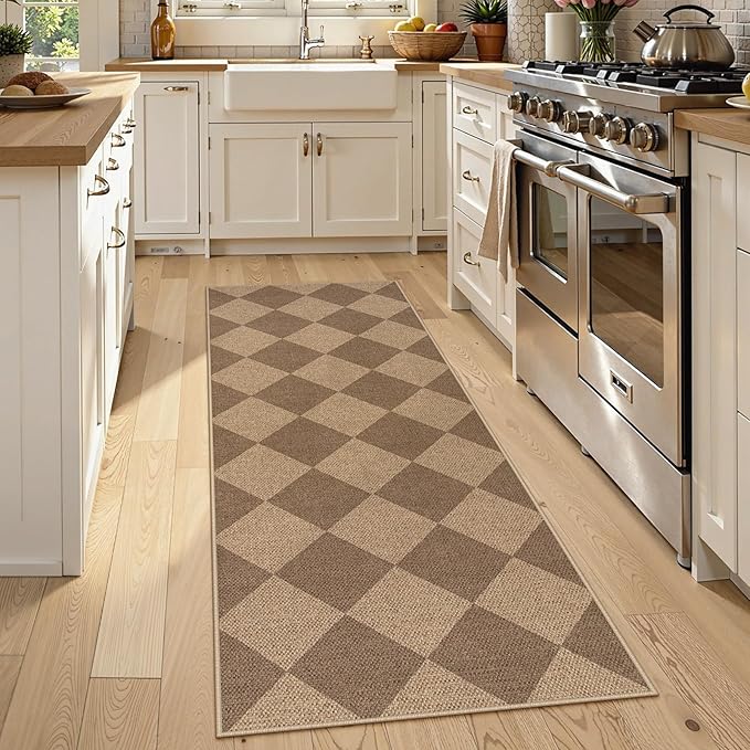 Lahome Checkered Easy Jute Runner Rug, 2x6 Kitchen Mats for Floor Non Slip Washable Entryway Runner, Checkerboard Nature Indoor Outdoor Carpet for Hallway 6ft Entry