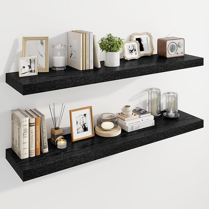 Marsmiles 48" Floating Shelves for Wall, Wooden Shelves with Invisible Brackets Set of 2, Rustic Farmhouse Wall Mounted Shelf for Kitchen Bathroom Living Room Study, Black
