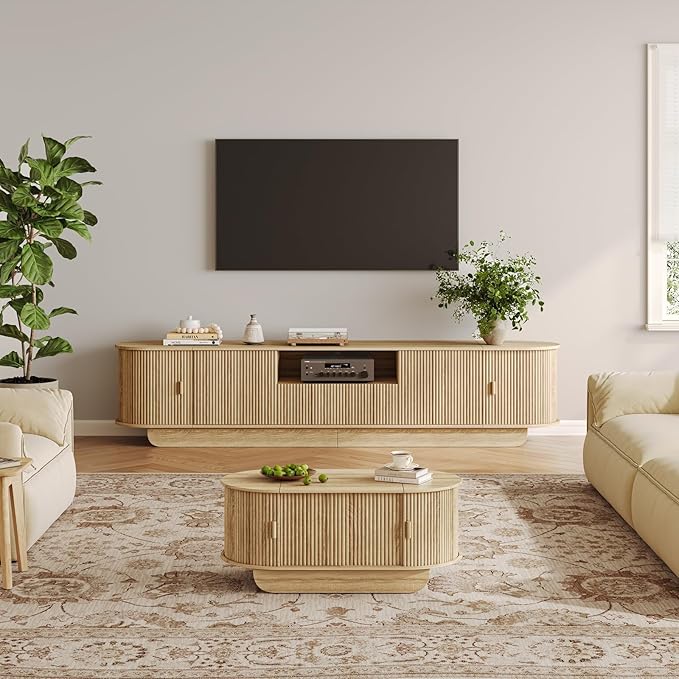 Lift Top Coffee Table with Storage,Oval Wood Coffee Table with Sliding Doors & Hidden Compartment, Fluted Center Table for Home,Living Room,Office, Natural