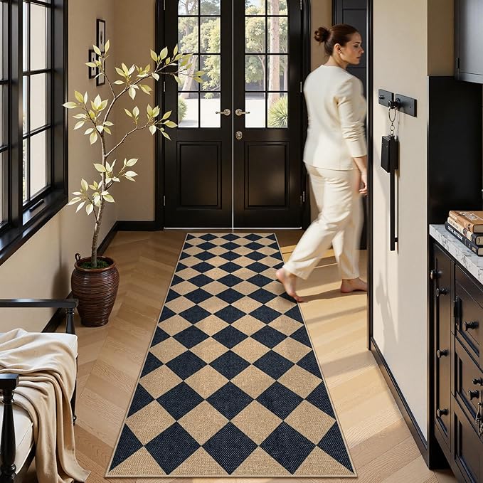 Lahome Checkered Easy Jute Runner Rug, 2x8 Hallway Kitchen Runner Rug Non Slip Washable Outdoor Carpet for Entryway Indoor, Checkerboard Black Indoor Outdoor Carpet for Hallway 8ft Entry