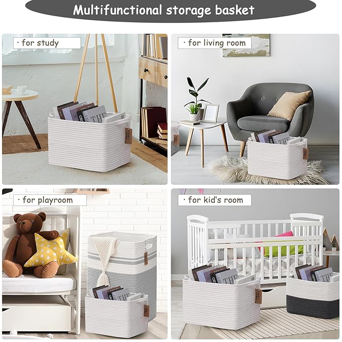 COMFY-HOMI 3PACK Cotton Rope Square Basket with Handles for Shelves|Dog Toy Basket Bin and Storage|Baby Basket for Gif|Shoe basket for Organizing|New13.5" x 11" x 9.5" for Living Room（All White）