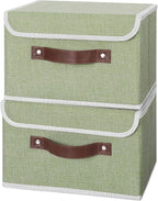 ANMINY 2PCS Storage Bins with Lid PU Leather Handles Storage Boxes PP Plastic Board Decorative Foldable Lidded Cotton Linen Fabric Home Cubes Baskets Closet Organizer Containers - Green, Small Size