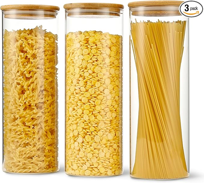 70oz Straight cylindrical Airtight Storage Jars with Bamboo Lid Set of 3 Storage Container Glass Jars, Kitchen Canister for Noodles, Pasta and Coffee beans (‎with Black Lable)
