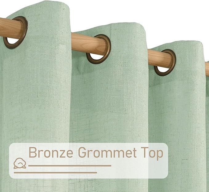 LAMIT Sheer Linen Curtains 63 Inch for Bedroom, Light Filtering Neutral Semi Sheer Farmhouse Boho Curtains Bronze Grommet Living Room Panels, Fresh Green, 2 Panels, 52 x 63 Inch
