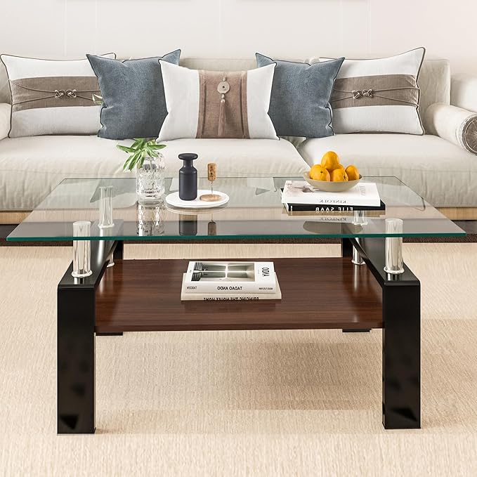 Tempered Glass Coffee Table Rectangle Living Room Center Table, with 39" Clear Top and Brown MDF Layer Black Metal Leg, for Small Space Apartment, Transparent+Brown