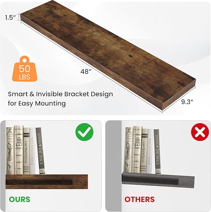 Floating Shelves for Wall, 48"W x 9.3"D x 1.5"H, Wooden Wall Mounted Display Shelf with Invisible Brackets for Living Room, Bedroom, Bathroom, Kitchen Decor and Storage, Set of 1, Rustic Brown