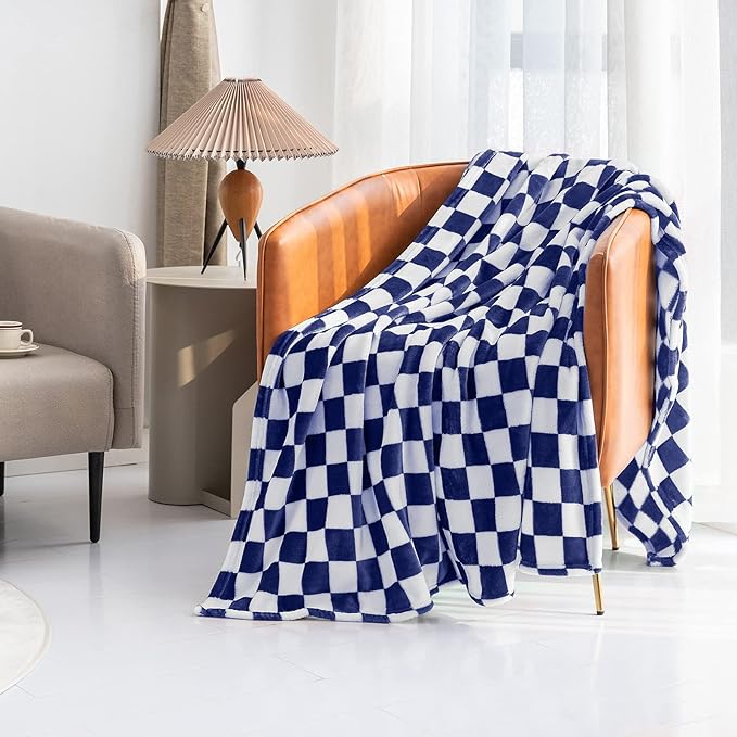 LOMAO Throw Blankets Flannel Blanket with Checkerboard Grid Pattern Soft Throw Blanket for Couch, Bed, Sofa Luxurious Warm and Cozy for All Seasons (Dark Blue, 50"x60")