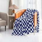 LOMAO Throw Blankets Flannel Blanket with Checkerboard Grid Pattern Soft Throw Blanket for Couch, Bed, Sofa Luxurious Warm and Cozy for All Seasons (Dark Blue, 50"x60")
