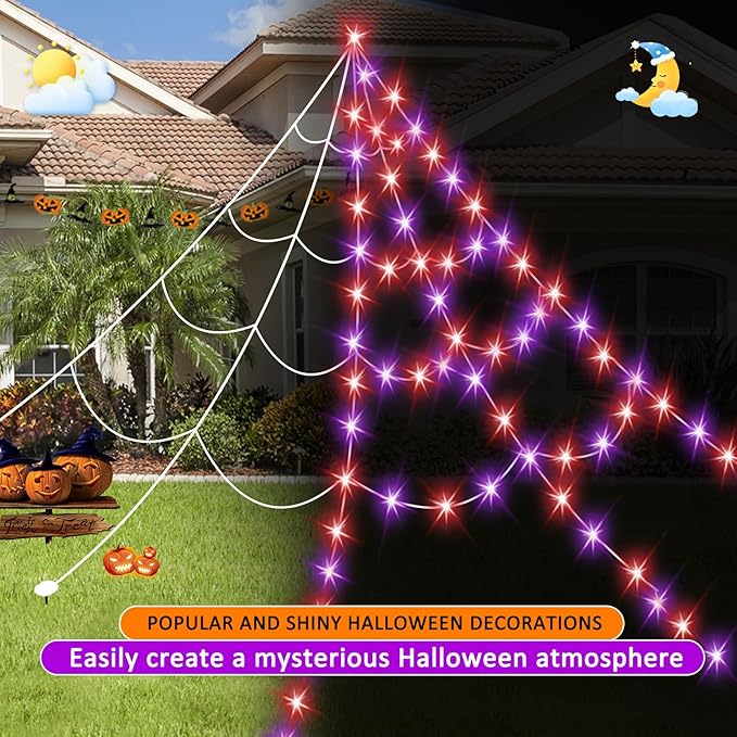 Halloween Spider Web Lights 550 LED Lighted Spider Web 16.4Ft Giant Halloween Decorations Light up with 8 Lighting Modes Waterproof & Timer for Indoor Outdoor House Haunted Yard Decor, Orange & Purple