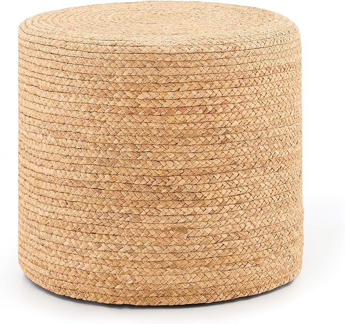 Handwoven Ottoman Pouf, Natural Water Hyacinth Footstool, Round Braided Outdoor Seat with Sturdy Frame, Boho Accent Stool for Patio, Balcony, or Garden (Natural)