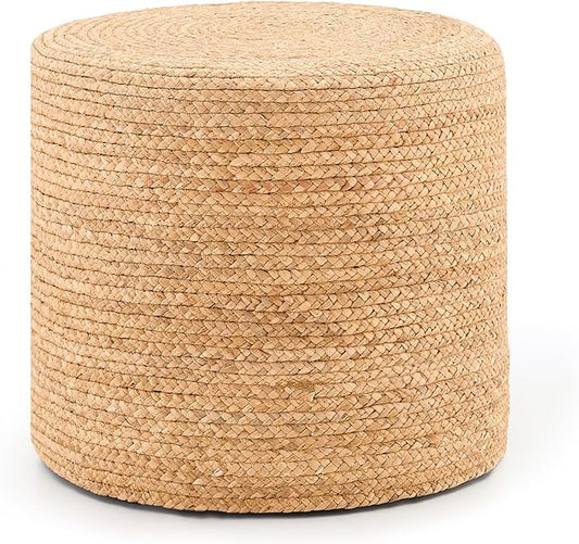 Handwoven Ottoman Pouf, Natural Water Hyacinth Footstool, Round Braided Outdoor Seat with Sturdy Frame, Boho Accent Stool for Patio, Balcony, or Garden (Natural)