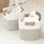 danpinera 11 Inch Storage Baskets, Woven Baskets for Organizing, 3 Pack Storage Cubes for Shelves, Closet, Nursery with Removable Leather Handles, White & Mixed Brown