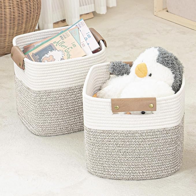 danpinera 11 Inch Storage Baskets, Woven Baskets for Organizing, 3 Pack Storage Cubes for Shelves, Closet, Nursery with Removable Leather Handles, White & Mixed Brown