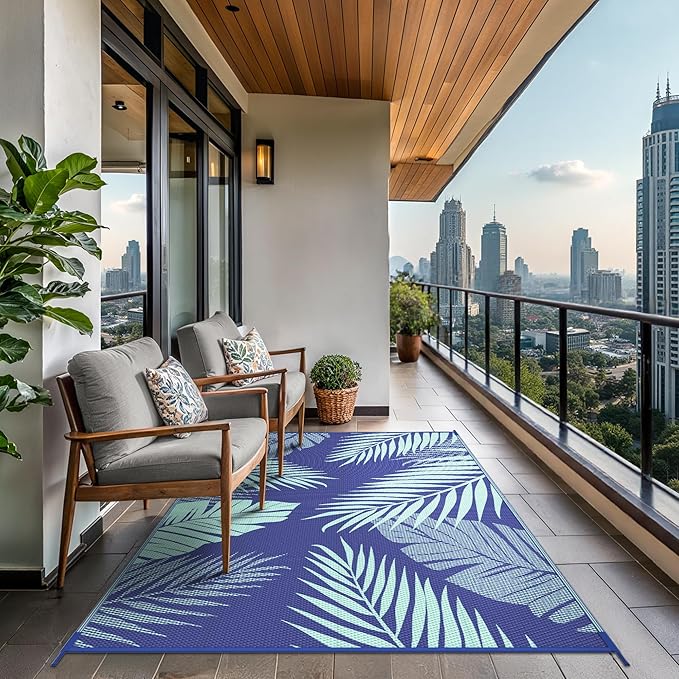 GENIMO Outdoor Rug 5' x 8' Waterproof for Patios Clearance, Reversible Outdoor Plastic Straw Camping Rug Carpet, Large Area Rugs Mats for RV, Camper, Deck, Balcony, Porch, Beach, Royal Blue&Blue Green