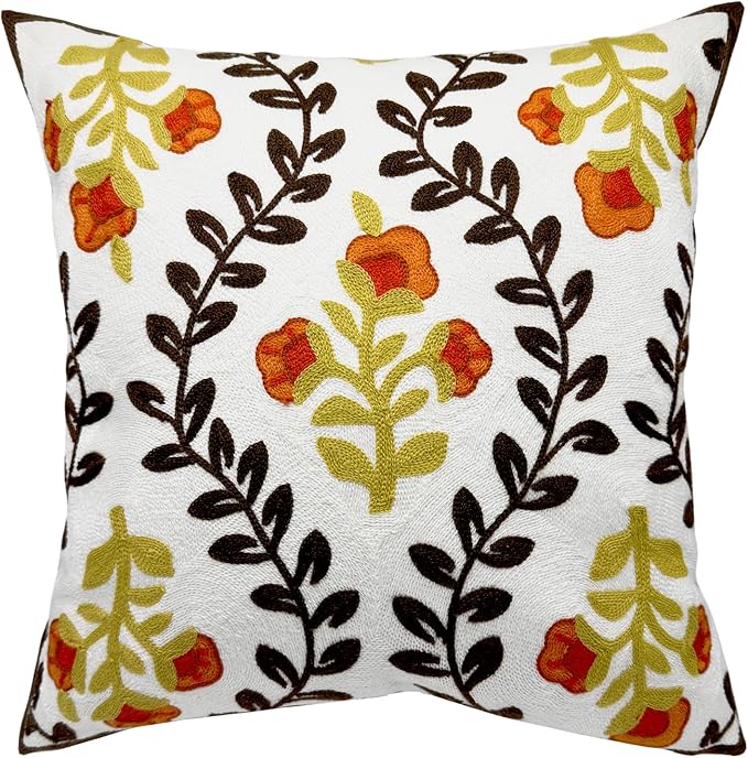 Alysheer Floral Embroidered Fall Decorative Throw Pillow Cover 18"x 18", Farmhouse Cottage Orange Flowers Brown Leaves Knit Pattern Cotton Canvas Cushion Case for Sofa Couch Bed Living Room Decor