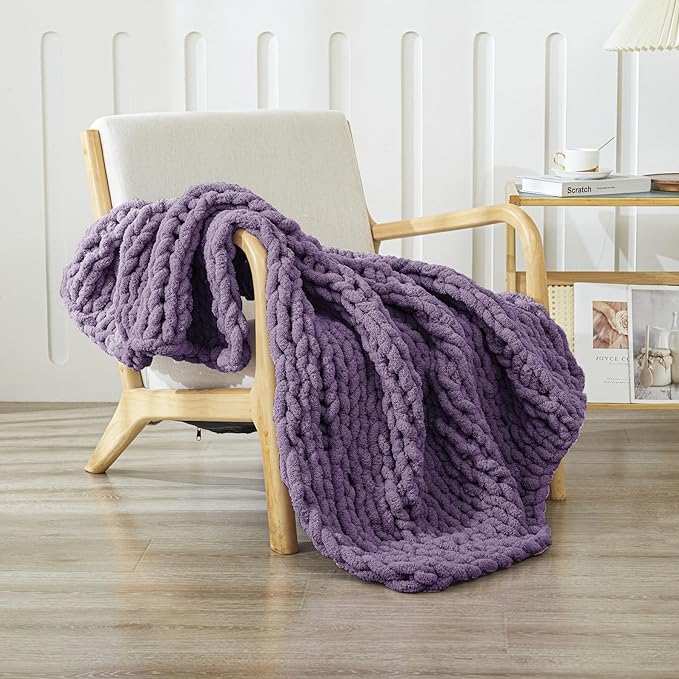 WESHIONGOO Chunky Knit Blanket Throw 40"×40" Knitted Throw Blankets for Couch Bed Fluffy Soft Blanket with Jumbo Chenille Yarn Thick 100% Handmade(Purple)