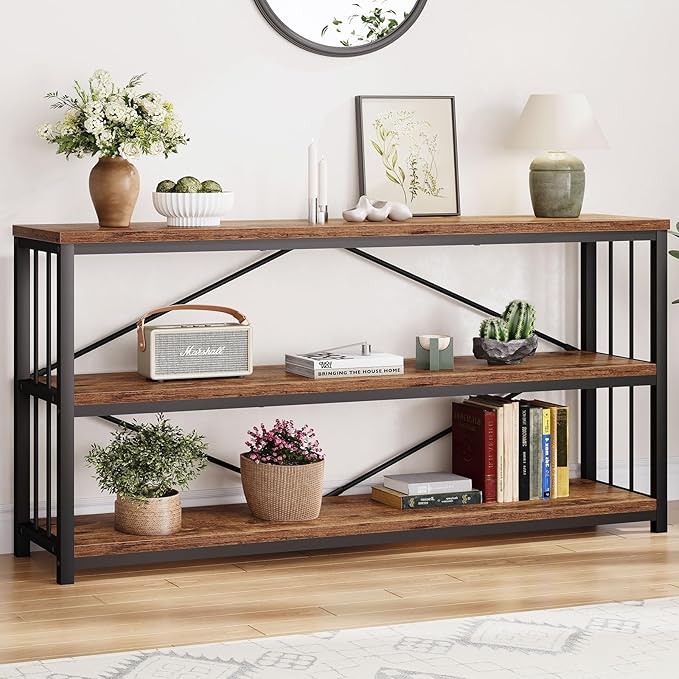 LVB Rustic Entryway Table, Industrial Extra Long Hallway Sofa Table, Wood Metal Narrow Console Table with Storage Shelf, Modern Skinny Couch Table for Foyer Living Room Bedroom, Rustic Brown, 70 Inch