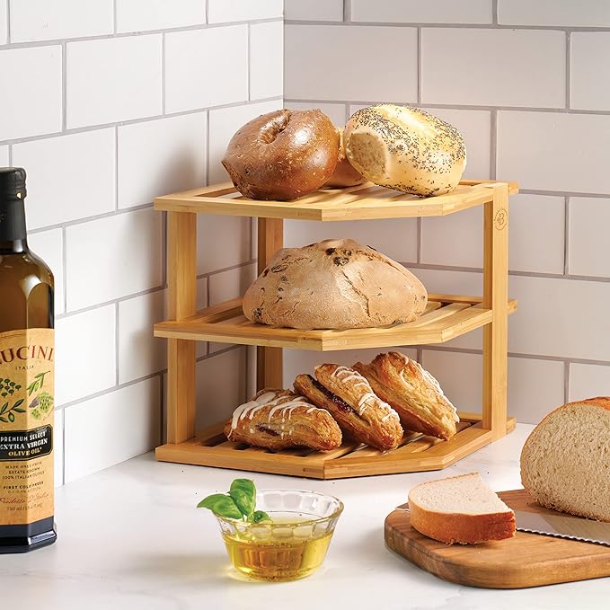 Cabinet Organizer Shelf - Bamboo Corner Rack for Kitchen Counter, Cabinet Space Saver for Plates, Dishes, Bowls, Bread - Pantry and Bathroom Storage or Countertop - Useful Home & Housewarming Gift