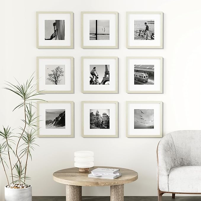 Vittanly 12x12 Picture Frames Set of 9, Shatter Resistant Plexiglass, Display 8x8 Pictures with Mat or 12x12 without Mat, Photo Frames for Wall Mount, Engineered Wood, Cornsilk