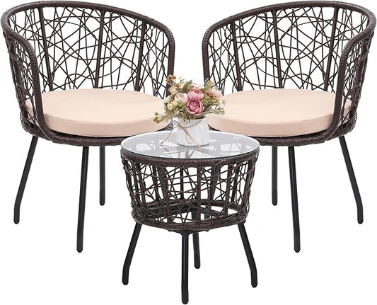 Kromax 3 Piece Bistro Set, Modern Outdoor Wicker Patio Furniture with Tempered Glass Table Top and 2 Chairs, Washable Cushions, Brown Rattan and Begie Cushion