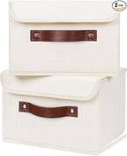 ANMINY 2PCS Storage Bins with Lid PU Leather Handles Storage Boxes PP Plastic Board Decorative Foldable Lidded Cotton Linen Fabric Home Cubes Baskets Closet Organizer Containers - Beige, Small Size