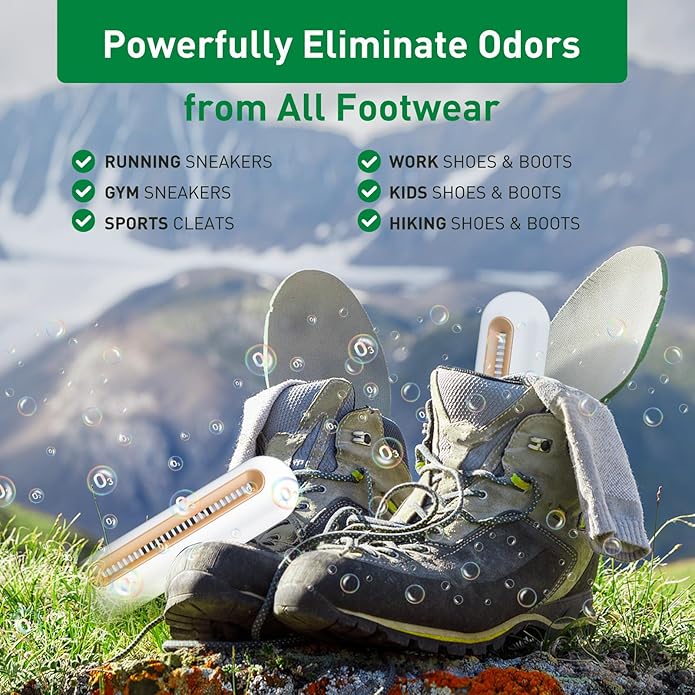 Chemical-Free Shoe Deodorizer for Sneaker, Boot, All Footwear, Rechargeable & Long-Lasting Shoe Freshener 2-Pack, Ozone Technology Shoe Odor Elimination, Durable Shoe Smell Remover