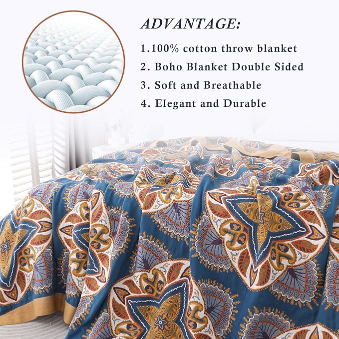 Snycler Boho Throw Blanket for Bed - 100% Cotton Ultra Soft Rustic Quilt Blanket Orange Green Printed Farmhouse Decor Bed Blankets, 80"×90" All Season Rustic Throw for Sofa Couch Chair