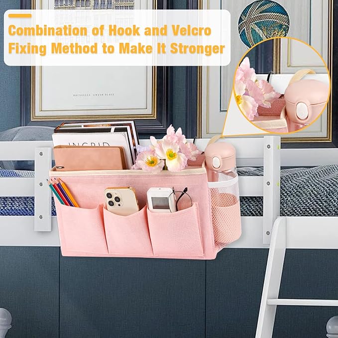 Bedside Caddy Bedside Organizer Bedside Storage Caddy with Fixed Straps and Water Bottle Holder for Home College Dorm Bunk Bed Hospital Bed Crib Bed Rails (2pcs Pink)