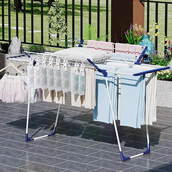 APEXCHASER Clothes Drying Rack, Foldable Gullwing Laundry Rack for Indoor Outdoor, 10pcs Clips with Bag, Collapsible Space-Saving Drying Rack for Clothes Towels Dolls, White
