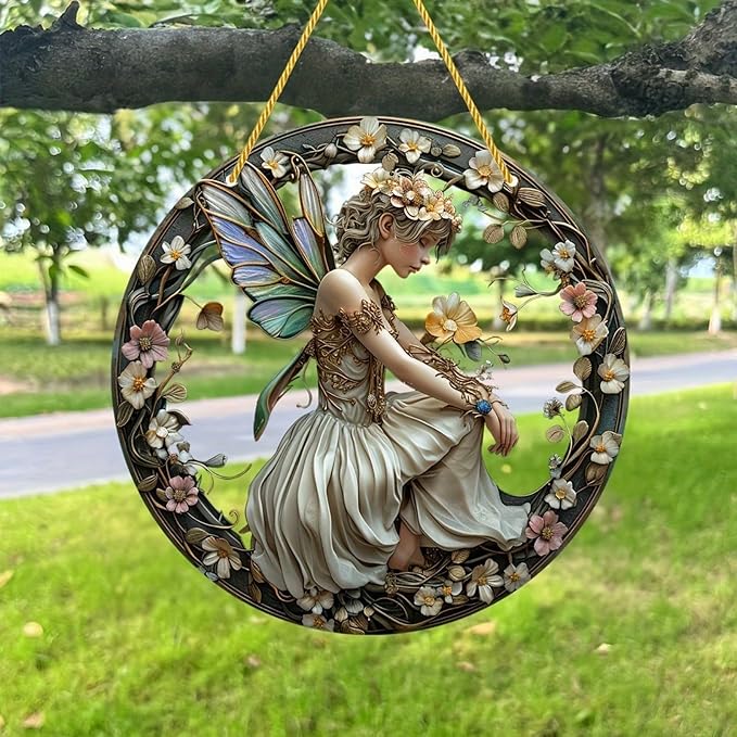Flower Fairy Garden Decorations Angel Wing Christmas Halloween Deco Statue Art Elf Sculpture Hanging Craft for Outdoor Yard Courtyard Lawn Patio Window Acrylic Ornament Home Gift (B,S: 6*6 IN)