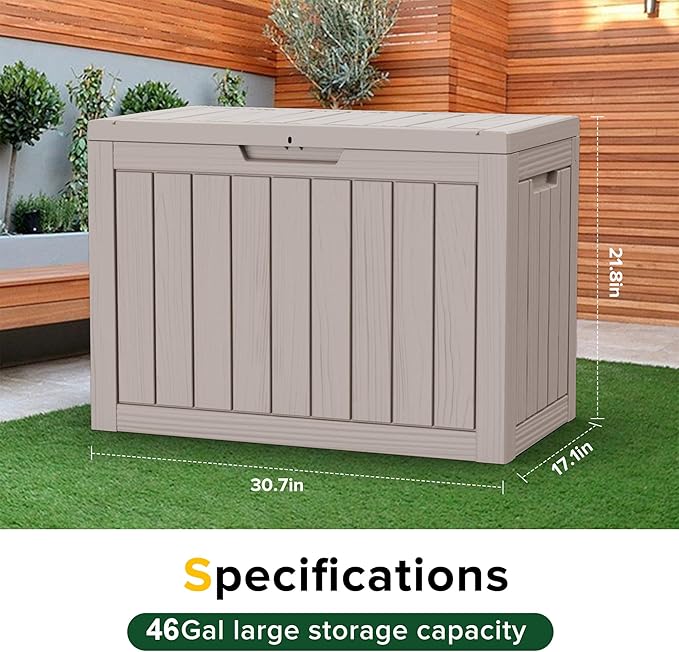 Vixzen 46 Gallon Resin Deck Box, Lockable Outdoor Storage Box for Patio Cushions Storage Furniture,Garden Tools, Pool Supplies, Weatherproof and UV Resistant,Grey