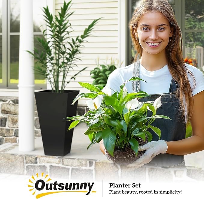 Outsunny Tall Planters for Outdoor Plants Set of 3, 28 in Taper Planters with Drainage Holes, Indoor Grande Plant Pots, Front Porch Decor (Black)