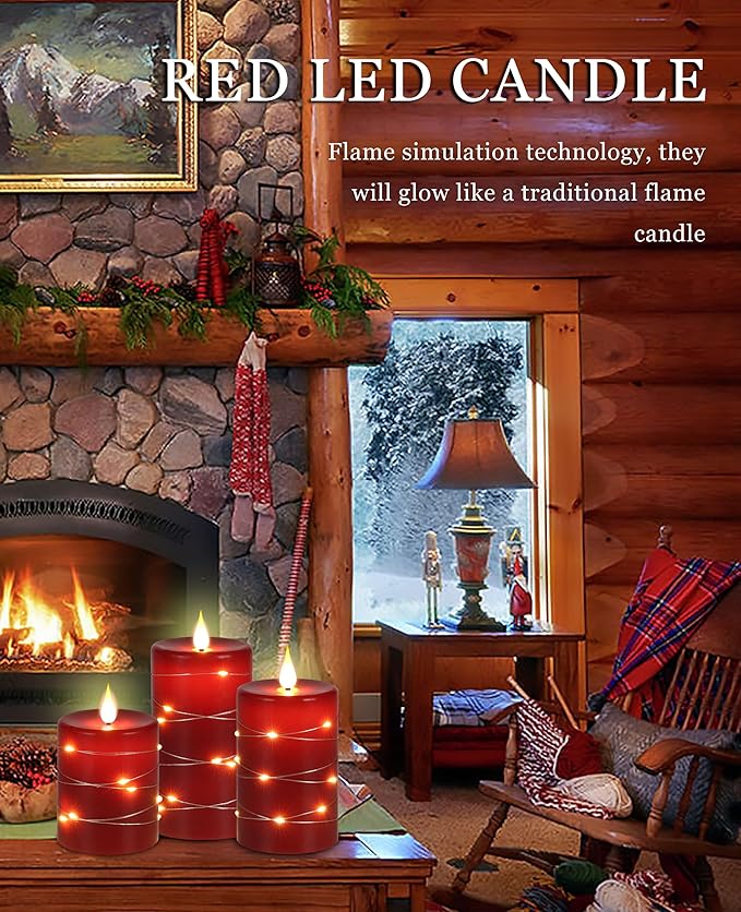 Red flameless Candles with Remote Control Timer Battery Operated LED Pillar Candles 4‘’ 5‘’ 6‘’ Fake Candles with String Lights Set of 3 for Christmas or Special Festivals Decorations