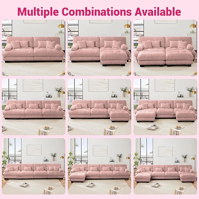 Loveseat Modular Sectional Sofa, L Shaped Couch with Ottoman, Cloud Couch Sectional Couch Home Sofa Living Room Oversized Couch Deep Seat Couch with Round Bolster Armrests 4 Pillows(Pink)