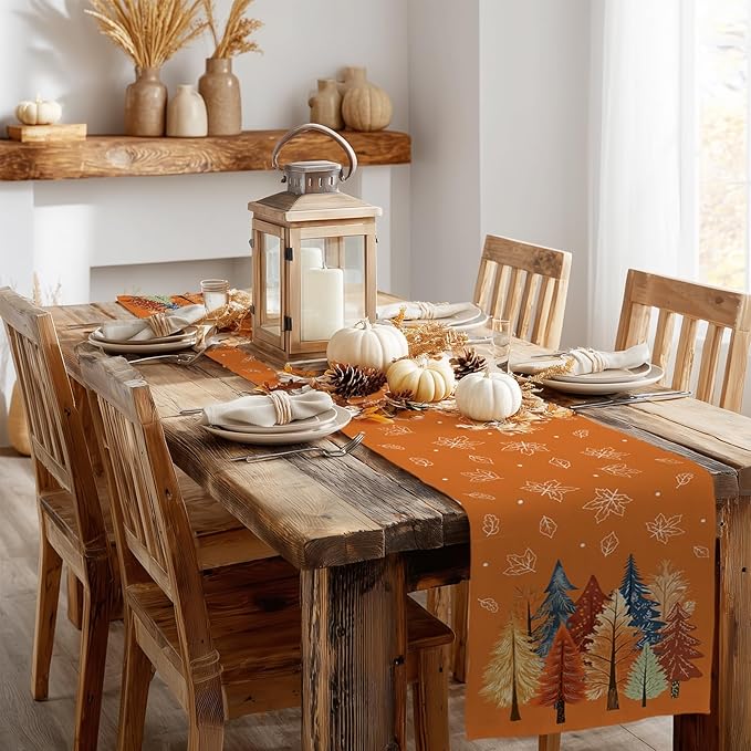 GEEORY Fall Watercolor Trees & Maple Leaves Table Runner 13x120 Inch, Rustic Farmhouse Autumn Thanksgiving Decor for Kitchen, Dining, Indoor/Outdoor Holiday Dinner Party Orange GT158-120