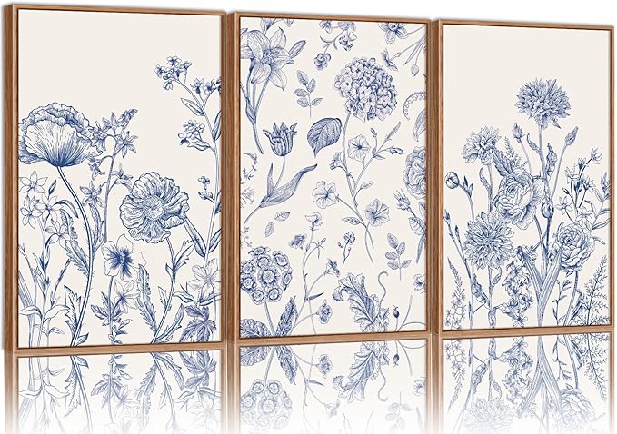 Tinonedraw Large Classic Chinoiserie Flower Framed Canvas Wall Art Set, Navy Blue and White Floral Wall Decor, Minimalist Neutral Botanical Art Printing for Living Room Bedroom Office Dorm 16"x24"x3