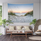 HVEST Ocean Beach Tapestry Wall Hanging, Sunset Seabird and Beach with Grass, Natural Landscape for Bedroom, Living Room, Dorm Decoration, 92.5x70.9 Inches