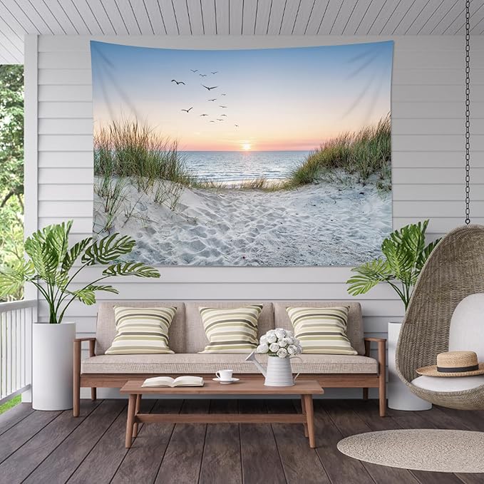 HVEST Ocean Beach Tapestry Wall Hanging, Sunset Seabird and Beach with Grass Wall Hanging Tapestry Natural Landscape Tapestry for Bedroom Living Room Dorm Decoration Wall Decor, 59x51 Inches