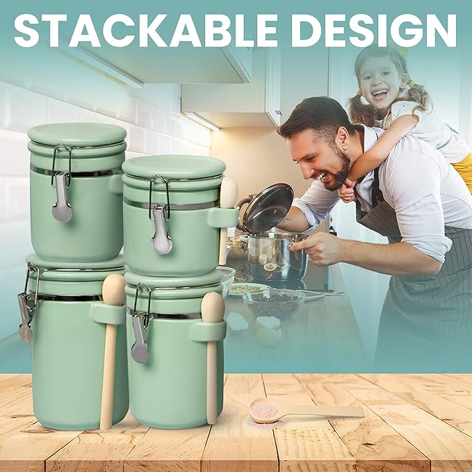 Home Intuition 4-Piece Ceramic Kitchen Canisters Set, Airtight Containers with Wooden Spoons Reusable Chalk Labels and Marker for Sugar, Coffee, Flour, Tea (Mint)