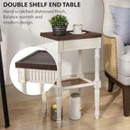Rustic Farmhouse Cottagecore Accent End Table, Distressed Accent Side Table with Espresso Tray Top and Woven Wicker Shelf, Boho, French Country Decor, Square, Weathered Brown & White