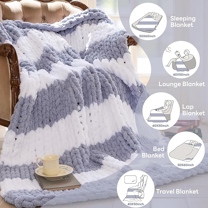 Chunky Knit Blanket - Luxury Soft Cozy 60 * 80 Throw Blanket,100% Woven Blanket Rope Knot Throw Blanket for Couch, Sofa, Home Decor, Gift - Machine Washable（White/Light Gray）