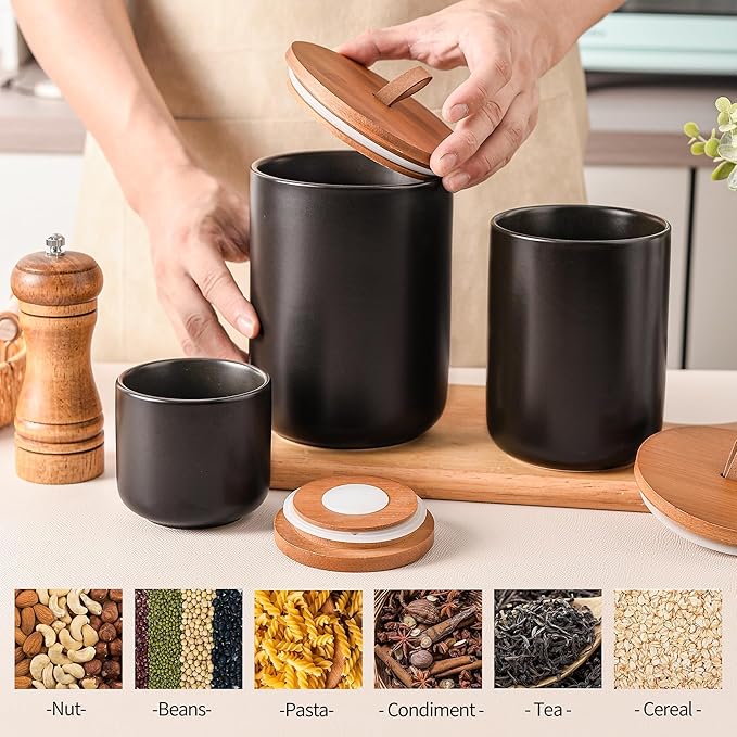 Black Ceramic Canister Set with Bamboo Lids, 3-Piece Airtight Food Storage Jars for Kitchen - Flour, Sugar, Coffee, Tea, Spice - Small, Medium, Large Sizes