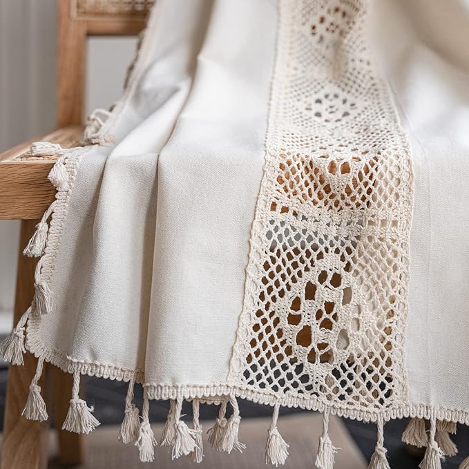 Sutuo Home Boho Curtain Crochet Lace Patchwork Semi-Blackout Bohemian Handmade Tassels, Rod Pocket Window Treatment Vintage Rustic Farmhouse Drapes for Living Bedroom, 1 Panel 59" W x 72" L, Beige