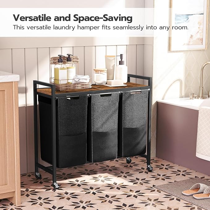 HOOBRO Laundry Sorter 3 Section, Laundry Hamper with Wheels, 3 × 11.5 Gal (43.5 L), Rolling Laundry Basket, Pull-Out and Removable Oxford Fabric Laundry Bags, Rustic Brown and Black BF76XY01