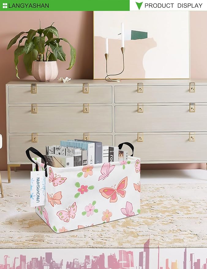 LANGYASHAN Rectangular Storage Bin Collapse Canvas Fabric Cartoon Storage Basket with Handles for Organizing Home Kitchen Boys and Girls Toys Office Closet Shelf Baskets (Rec Pink Butterfly)